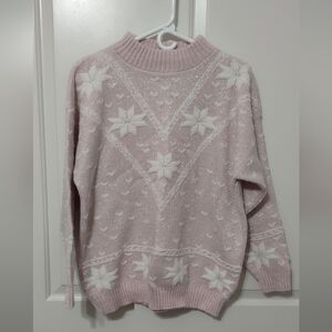 Jennifer Adams Snowflake Shimmer Vintage Sweater Pink White Large